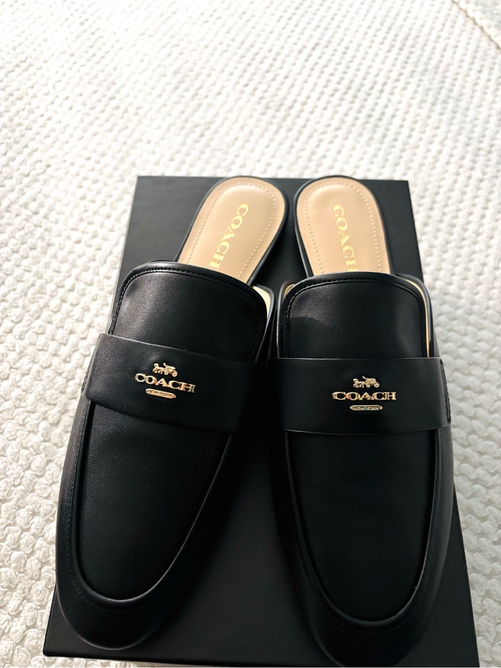 Coach Black Mules with Gold Logo Accent